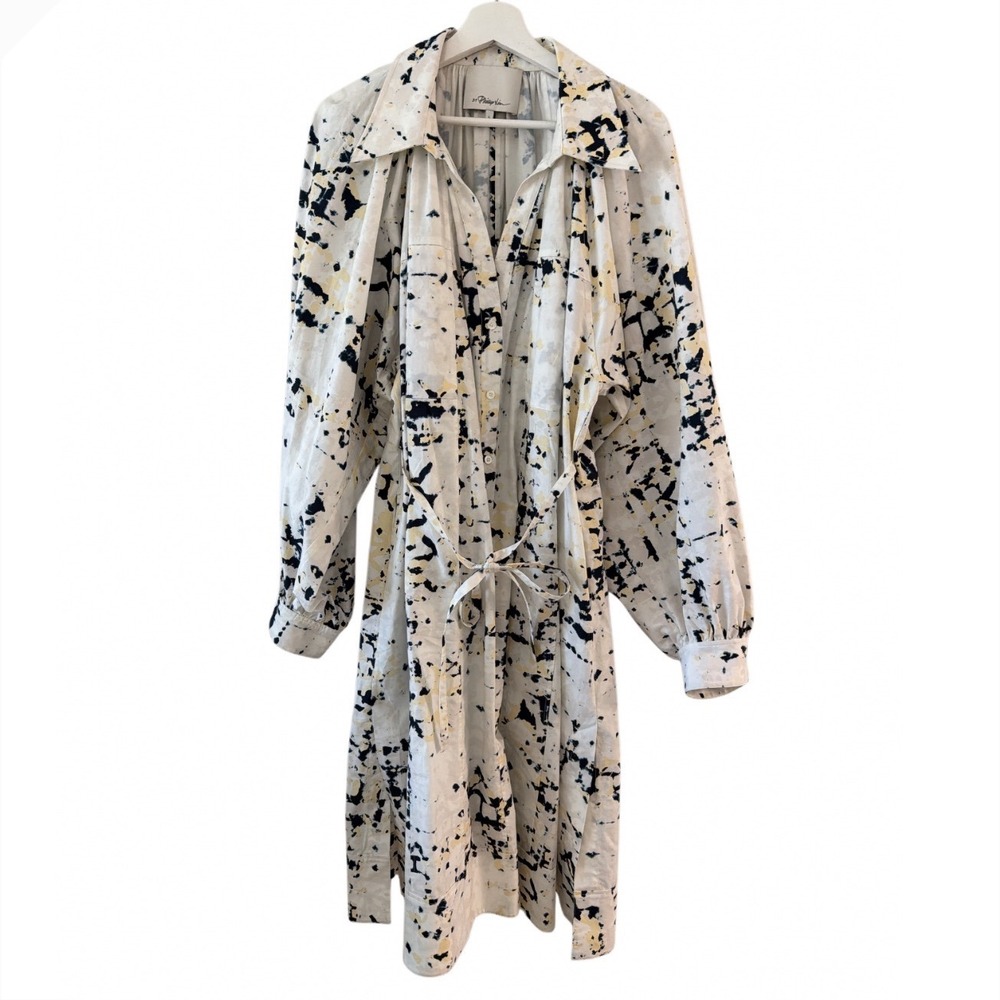 3.1 Phillip Lim Womens Large White Abstract Ink Blot Cotton Lantern‎ Shirt Dress - Picture 2 of 13